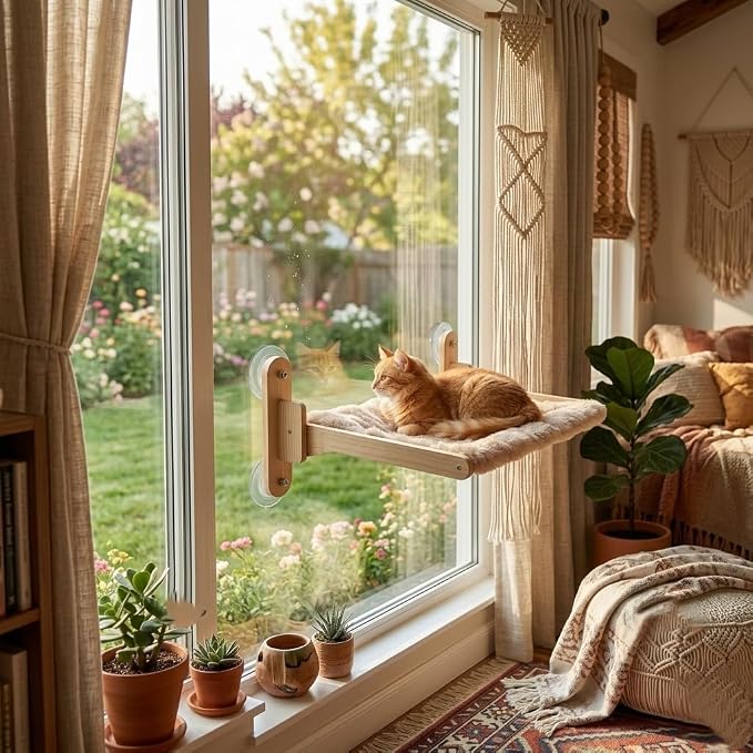 Foldable Window Sill Cat Bed with Cushion and Suction Cups—Features an Orthopedic Hammock Design, Crafted from Premium Hardwood and Equipped with Suction Cups (White, 20X13X9)