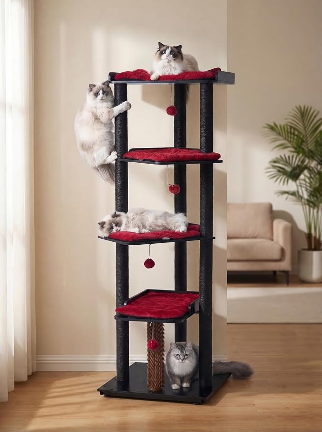 Heavy Duty Cat Tree, 67.7" Cat Tree for Indoor Cats Large Adult, Modern Cat Tower for Large Cats, Cat Tower with Scratching Post, Large Perch and Removable Pads,Black & Red