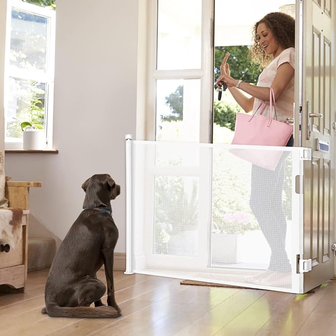 Retractable Baby Gate for Stairs & Doorways, 33" Tall Extends to 71" Wide | Extra Wide Safety Kid Pet Gate, Mesh Dog Gate for Indoor, Outdoor, Hallways One-Handed Operation, Easy Install(33”x71”-White)