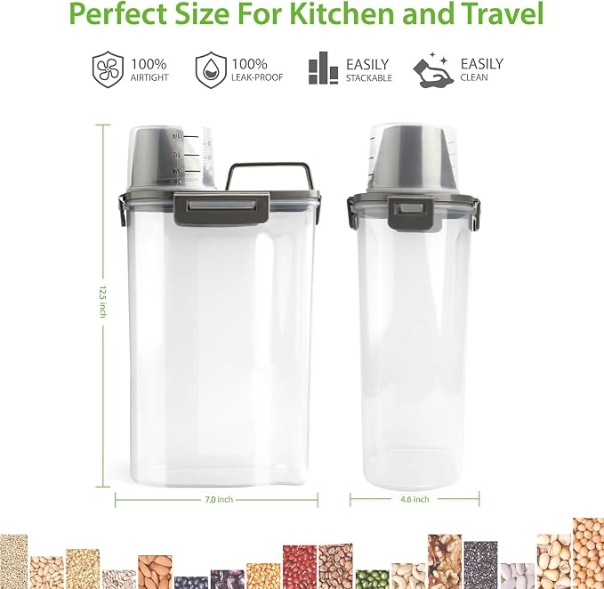 Viretec Rice Airtight Storage Container, 3 to 5Lbs Cereal Dry Food Flour Bin, Pet Dog Cat Food Dispenser with Measuring Cup, BPA Free Clear Plastic Kitchen and Pantry Organization Bin for Sugar
