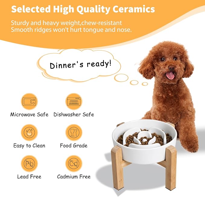 Elevated Slow Feeder Dog Bowl - Ceramic Maze Food Dish with Bamboo Stand - Raised Feeding Bowl for Fast Eaters - Ideal for Small and Medium Dogs - White - 6.7 inch