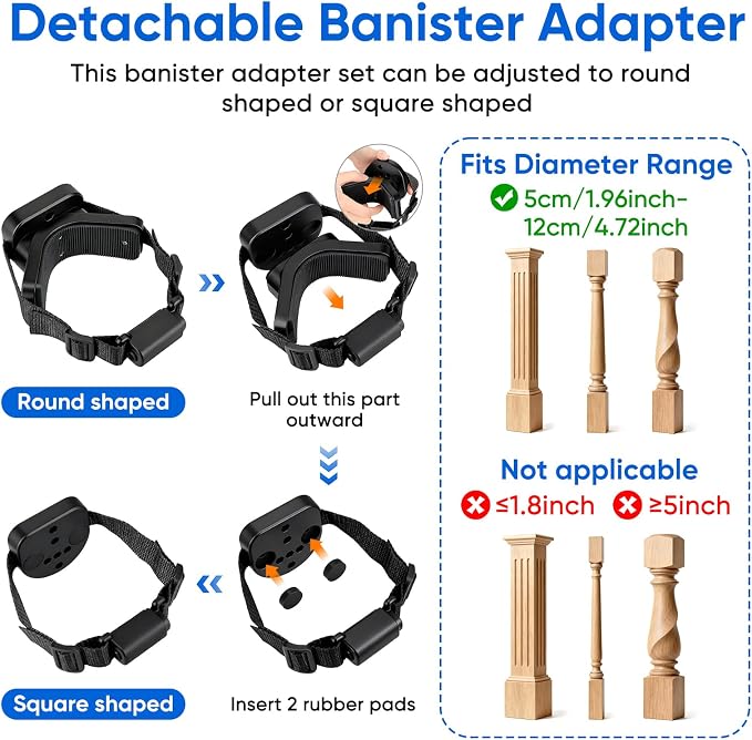2Pcs Baby Gate Stair Railing Banister Adapter, Mounting Kit for Stairway | Fits 1.9-4.72'' Diameter Universal Banisters, Wide Square/Round Railings No-Drill for Most Gates,Adjustable Fixed Strap,Black
