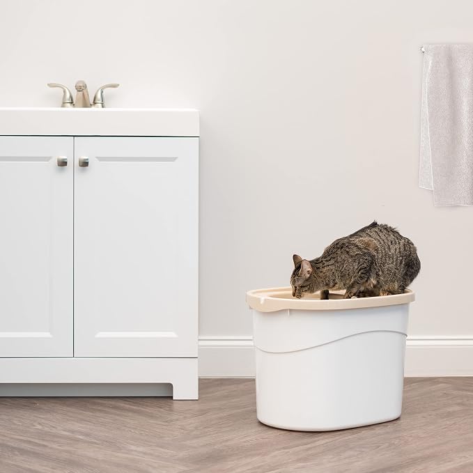 IRIS USA Large Top Entry Cat Litter Box with Lid, Enclosed Covered Cat Litter Box for Indoor Cats, Dog Proof Design, Odor Control, Litter Tracking Reduction, Scoop Included, White/Beige