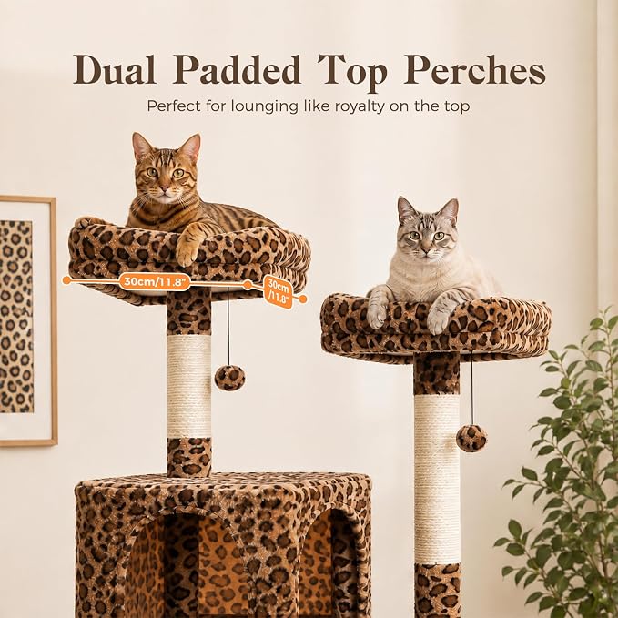 PAWZ Road 72" Leopard Tall Cat Tree for Large Cats with Condo & Sisal Posts | leopard plush cat tower, dual condos&perches for indoor large cats, 16"x16" large hammock,8 sisal posts&bottom scratcher
