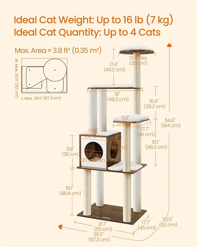 Feandrea Cat Tree, 64.6-Inch Modern Cat Tower, Multi-Level Condo with 5 Scratching Posts, Perch, Washable Removable Cushions, Cave, Rustic Brown UPCT166X01 | Modern Cat Condo for Indoor Cats, Perch, Washable Removable Cushions, Rustic Brown, CAEN Colle...