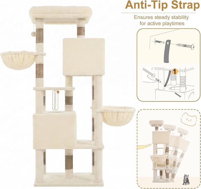 Heybly 68.1" Cat Tree with Oversized Top Platform & Wide Base HCT059MJ | Heavy Duty Cat Tower for Large Indoor Cats with 2 Condos, 2 Hammocks, 10 Sisal Scratching Posts, Stable Cat House, Beige