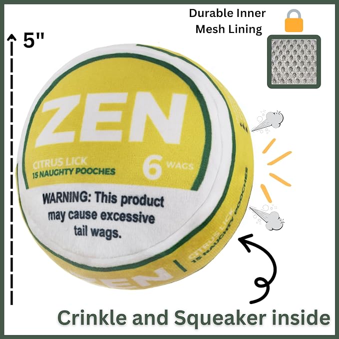 Nestpark Zen Pupper Deckies Parody Dog Toy - Plush Squeaky and Crinkle Funny Dog Toy (Citrus Lick)