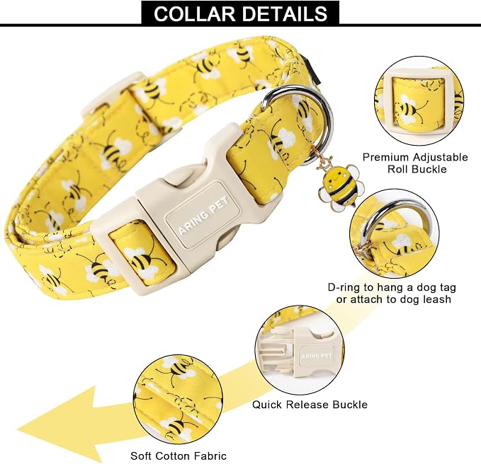 ARING PET Bees Dog Collar, Cute Spring Summer Yellow Bee Pet Collars for Puppy Small Medium Large Boy Girl Dogs-XS