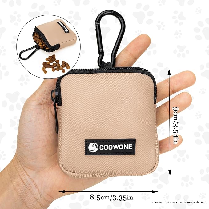 Dog Treat Pouch Pocket Sized Pet Puppy Training Pouch for Dog Training Behavior Aids, Waterproof Nylon Fabric Dog Poop Bag Holder, Hands Free Dog Walking Bag with Metal Carabiner (Coffee)