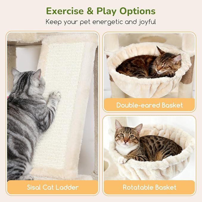 Globlazer 80in Extra Large Tall Corner Cat Tree Tower, S80G, Beige | Multi-Level Cat Condos for Multiple Indoor Cats Large Adult Kittens, Scratching Posts, 2 Widened Perches, Adjustable Baskets