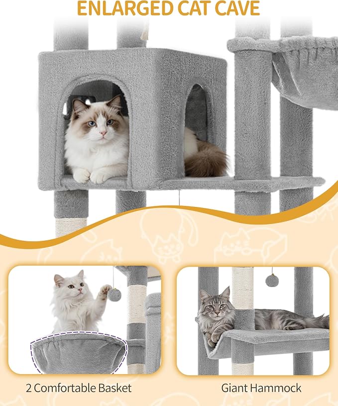 Hzuaneri Tall Cat Tree 75 Inch, Indoor Large Multi-Level Cat Tower | Cat Condo Furniture with 5 Scratching Post, 2 Hanging Basket, 2 Condo, 2 Large Platform, Pet Play House, Light Grey MS19018LG