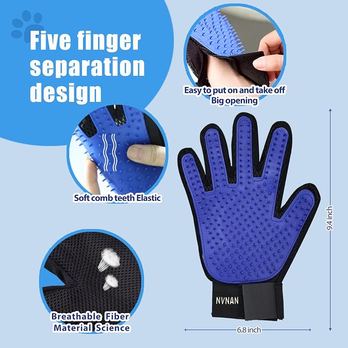 NVNAN 5-Piece Dog Grooming Brush Set with Grooming Gloves | Includes deshedding comb, shampoo brush, and pet hair removal tools for shedding, bathing, and brushing