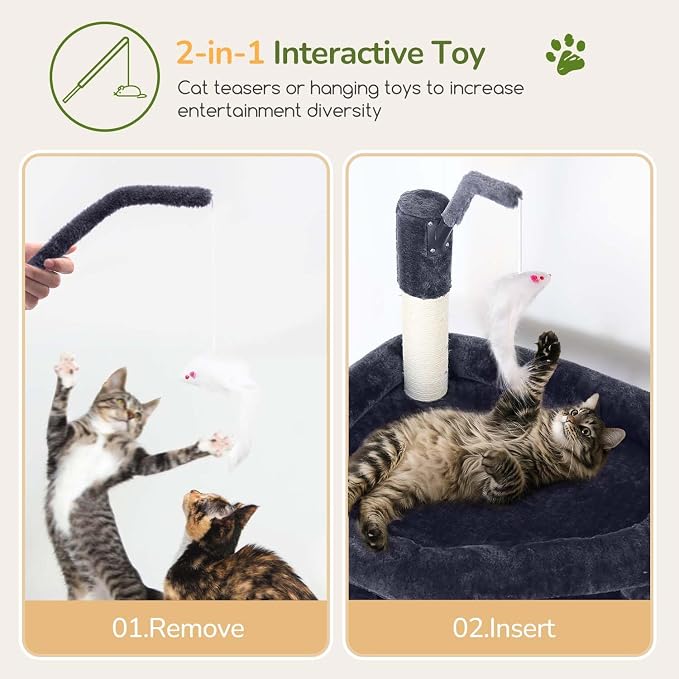 Globlazer F74B Cat Tree for Indoor Cats Large Adult, Multi-Cat, Dark Grey | Easy Setup, 74in Tall Tower, Oversized Top Perch, 2 Large Condos, Hanging Basket, 5 Sisal Scratching Posts, Anti-Topple Strap