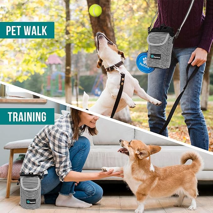 PetAmi Dog Treat Pouch, Large Hands-Free Training Bag, Stripe Black | Built-In Poop Bag Dispenser, Holds 3 Cups Of Treats, 4 Ways to Wear, D-Ring, Reflective Strap, Dog Treat Bag for Walking