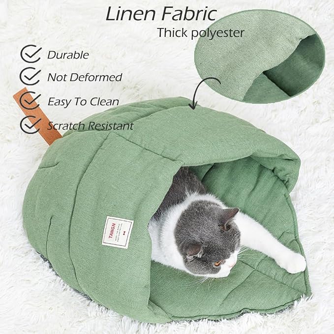 Cat Sleeping Bag Cave Bed with Non-Slip Bottom (Leaf Green) | Comfortable Linen Fabric, Non-stick Hair, Felt Handle, Washable, Suitable Size for Most Cats and Puppy, Durable Pet Nest
