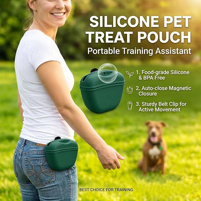 Dog Treat Pouch for Training, Silicone Dog Treat Bag with Strong Clip, Hands-Free Puppy Training Treat Holder, Portable Pet Snack Pouch for Walking, Agility, Obedience Training & Outdoor Use