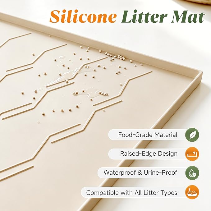 Songrey Silicone Cat Litter Mat 24" x 16", Large Litter Trapping Mat, Beige | Waterproof, Urine-Proof Litter Box Mat for Floor, Soft on Kitty Paws, Easy To Clean, Cat Supplies, Pet Feeding Mat