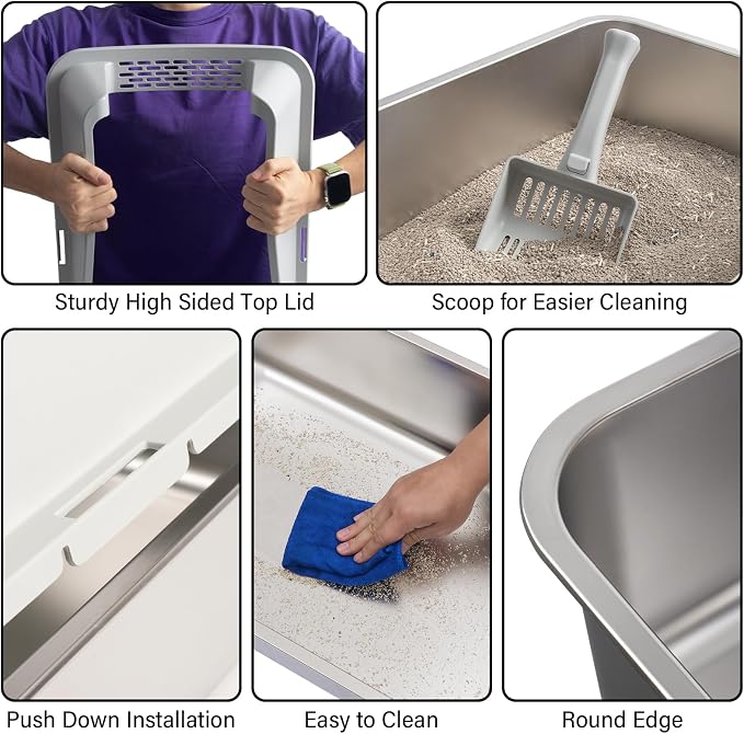 Stainless Steel Litter Box with Lid,XL Metal Cat Litter Box, Large Litterbox for Adult Cat with High Sides,Non-Stick, Odor-Free,Easy to Clean,Include Litter Mat &Scoop