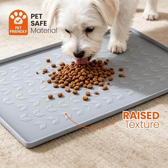 Silicone Pet Feeding Mat - 100% Waterproof Dog & Cat Bowl Pad with Raised Edges - Protects Floors from Messy Eaters & Spills - Anti-Slip, 100% PET-Safe, Dishwasher Safe (Grey 28" x 20")
