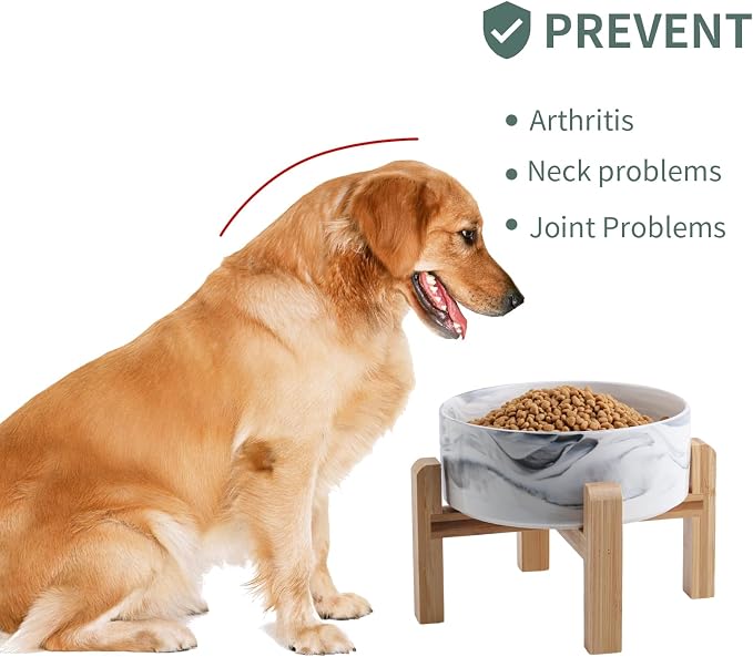 Elevated/Raised Dog Bowl Ceramic with Wood Stand for Small Medium Breed,Dog Food Water Dish Heavy, 6 in Non Slip Modern Cute Porcelain Pet Bowl Marble Grey