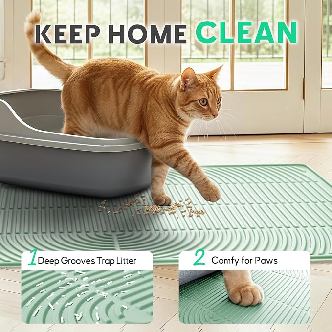 Pawtasy Cat Litter Mat,40" x 28" Extra Large Silicone Waterproof Litter Trapping Mat for Scatter Control Soft on Kitty Paws Non-Slip Easy to Clean