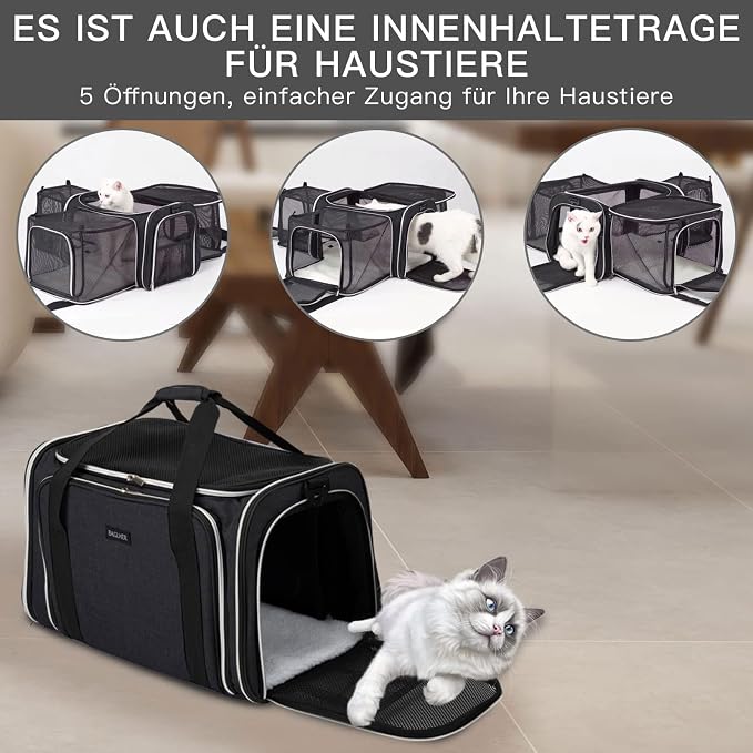 BAGLHER Expandable Cat Carrier with Travel Litter Box, Pet Travel 5 Sides Open Doors 3 Sides, Leak-Proof and Collapsible, for Car, Airplane Trip, Black