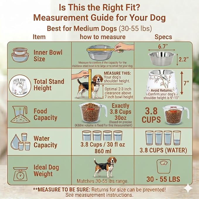 Ceramic Dog Bowl 7 inch Height for (30-55lbs) Medium Size Dogs Includes Food-Grade 304 Stainless Steel Bowls Non-Slip 3.8 Cups(860ml) Bowl Feeder in an Artful and Design (White)
