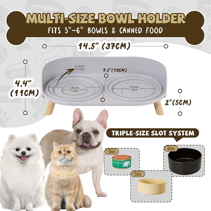 Raised Dog Feeder Bowl Stand (Without Bowls), Fits Dish up to Φ 6" | Spill Proof Elevated Dog Food Stand, Double 3 Diameters Pet Food Holder for Small and Medium Breeds and Cats, Grey