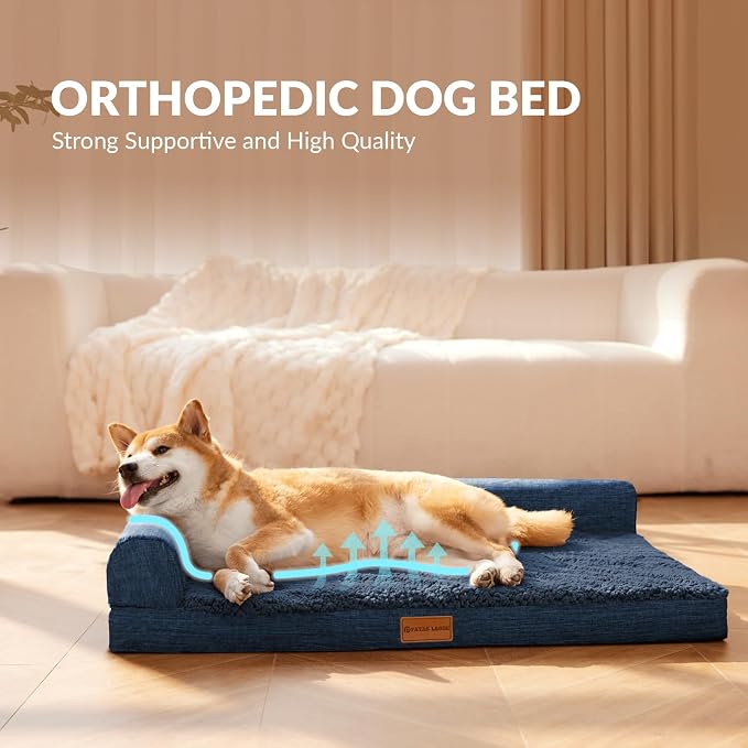 Patas Lague Orthopedic Large Dog Bed Washable Pet Sofa Bed 42X28 Navy Blue | 2-Sided Bolster Egg-Crate Foam Dog Couch Large Sized Dogs, Waterproof Removable Washable Cover, Nonskid Bottom Pet Crate Mat