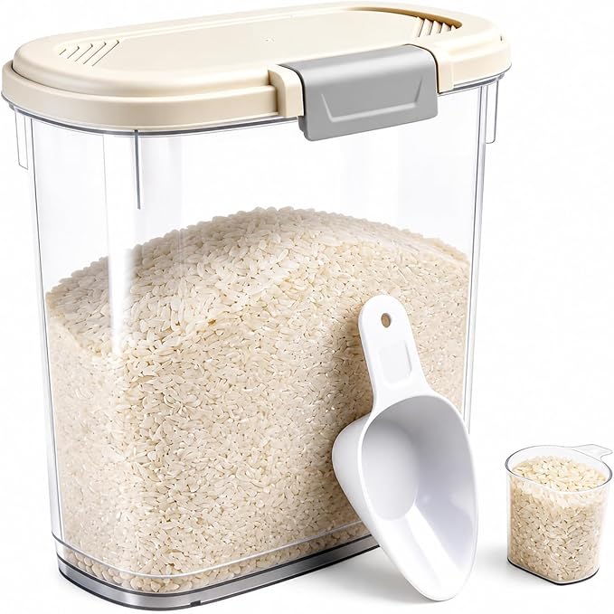 Large Rice Storage Container 15-20 Lbs, Tall Flour Container Dry Food Bin | Slim Food Container with Scoop, Cup for Cereal, Sugar, Beans, Pet Dog Cat Food, Kitchen and Pantry Storage Organization