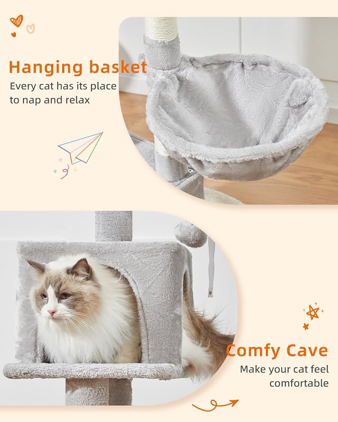 Taoqimiao Cat Tree, 49In Cat Tower for Indoor Cats Large Adult | 2 Luxurious Cat Condos, Thick Padded Top Perch, Adjustable Hanging Baskets, 5 Scratching Sisal Posts, Light Gray MS029LW