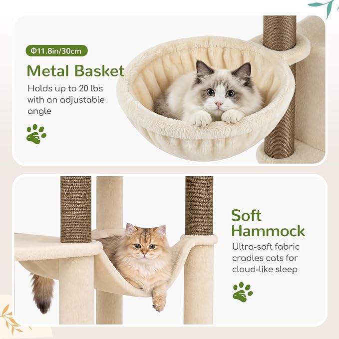 Globlazer 73in Corner Stable Cat Tree for Indoor Cats, C73, Beige | Space-Saving Multi-Level Climbing Tower, Large Fan-Shaped Condos & Top Perch, 8 Full-Sisal Posts & Board, Metal Baskets