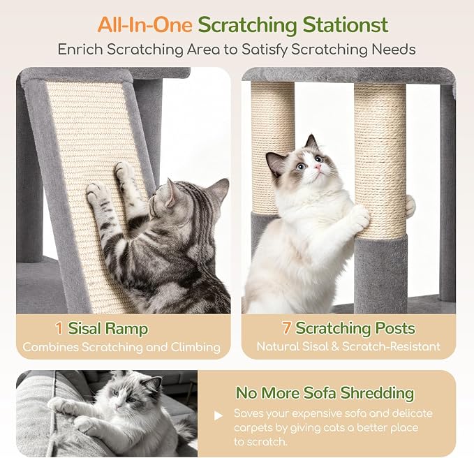 Globlazer 84in Extra Tall Cat Tree Tower for Indoor Large Cats 20lbs, F84G | Multi-Level Big Climbing Tower, 7 Scratching Post & Board, Cat Condos with Pad, 2 Soft Perches, 2 Sturdy Baskets, Light Grey