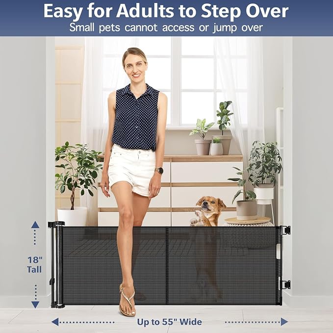 Reinforced 18 Inch Tall Retractable Dog Gate for Stairs, 55" Wide Step Over Pet Gate for Doorways, Small Pet Gate Retractable Gate Indoor/Outdoor Short Gate for Small Dogs - No Bottom Squeeze, Black