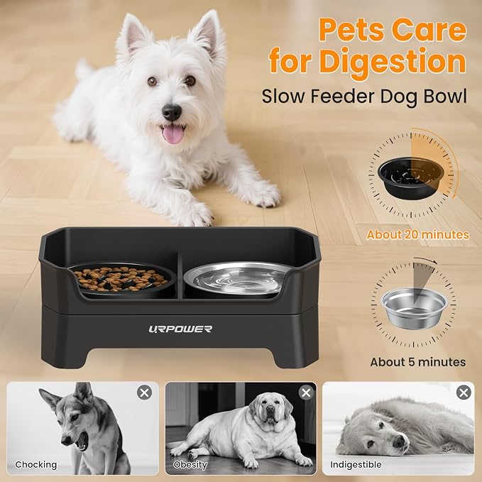 URPOWER 3-in-1 Elevated Dog Bowls - Mess Proof Double Deck 4 Height Adjustable Raised Stand with Stainless Steel Bowl & Slow Feeder & Licking Plate for Small, Medium & Large Dogs