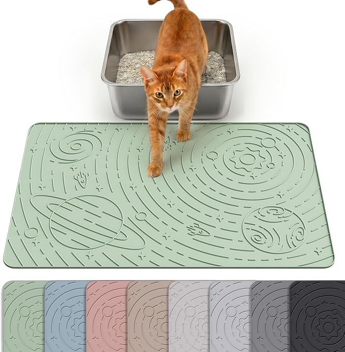 OHMO Cat Litter Mat Medium 23.6x15.7in, Sage Green Silicone Rubber Scatter Control Kitty Litter Box Trapping Mat, Waterproof Easy to Clean, Odorless Pet Supplies, Indoor Cat Essentials