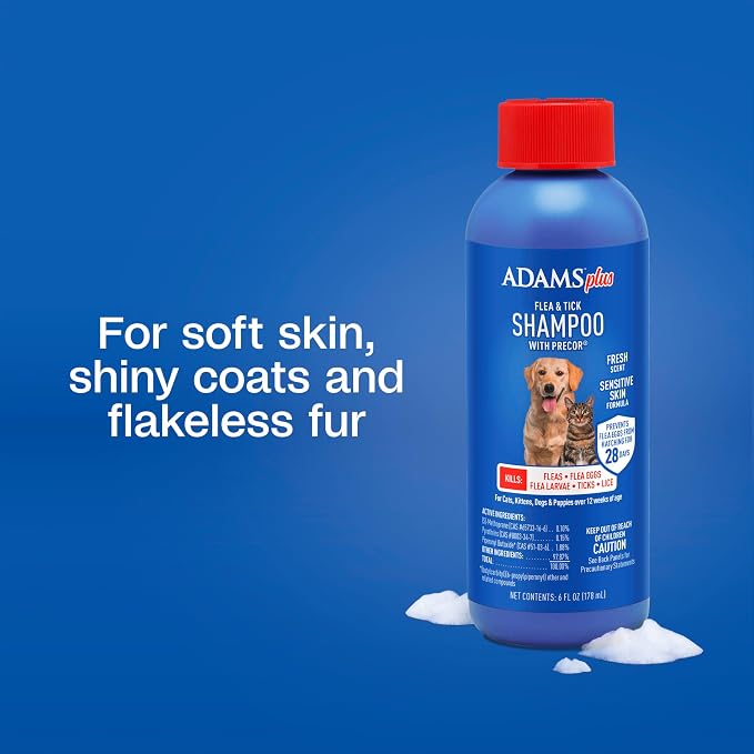 ADAMS Plus Flea & Tick Shampoo with Precor for Dogs, Cats, Puppies & Kittens, Flea Shampoo to Treat Infestations, Kills Ticks, Fleas, Flea Eggs & Lice, Cleans and Conditions Coat, 6 Ounces