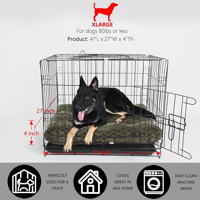 42 Inch Dog Crate Bed for Large Dogs,Washable Large Dog Crate Pad for Dog Cages,Soft Jacquard Flannel Kennel Mat with Anti-Slip Bottom,Fluffy Dog Bed for Crates and Indoor Floors,Olive Green