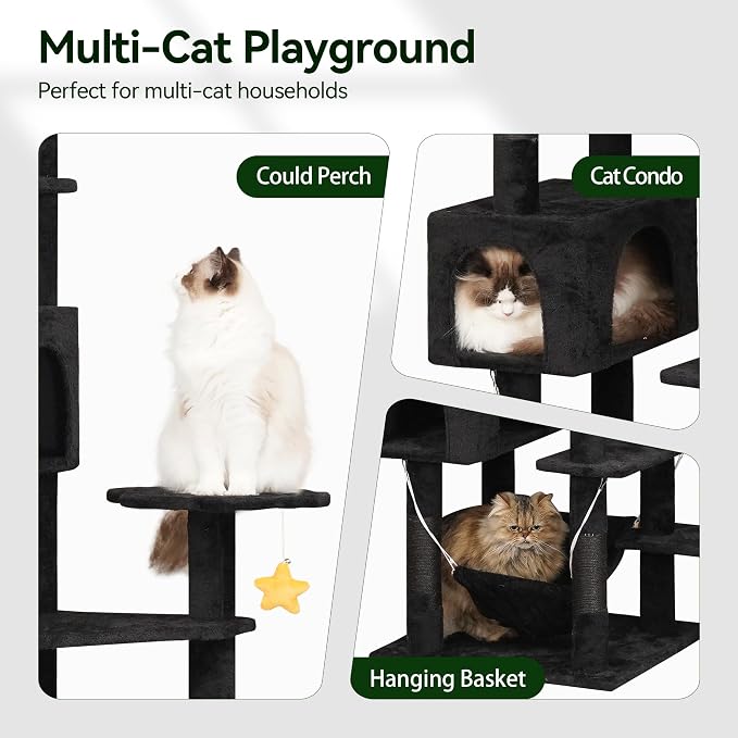 Meecal Black Cat Tree,79in Tall Tower for Multiple Indoor Cats Large Adult | Giant Cat Tree, Multi-Level Heavy Duty Cat Tower with Scratching Post, 2 Cat Condos, Hammocks, Perches, Hanging Toys