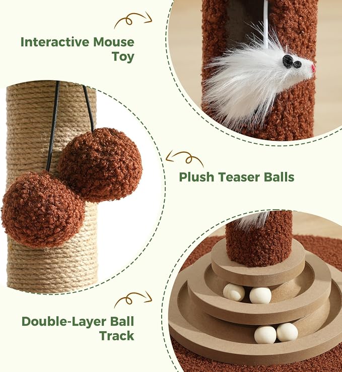 Made4Pets 35" Tall Cat Scratching Post with Sisal Rope, Interactive Hanging Balls, Toy Mouse and Two-Layer Ball Track Cat Toys, Palm Tree Cat Scratcher Tower for Indoor Cats and Kittens