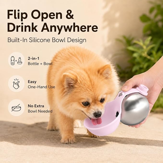 Cibaabo 2 in 1 Portable Dog Water Bottle with Bowl, 10 oz Stainless Steel No-Spill Travel Pet Water Dispenser with Collapsible Silicone Bowl for Small Dog & Puppy Walking Hiking Outdoor
