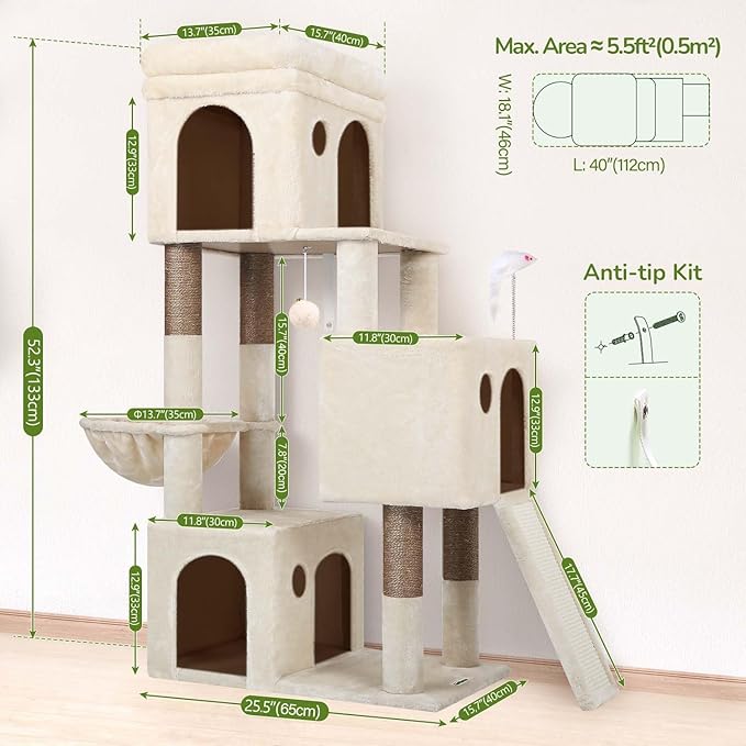 Globlazer Heavy Duty Cat Tree for Indoor Cats Large Adult, F52B, Beige | 3 Condos, Extra-Large Baseboard, Removable Top Perch, 4 Sisal Posts & Board, Hanging Basket, Anti-Topple Strap, Easy Setup