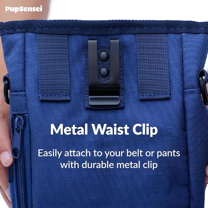 Dog Treat Pouch for Training – Magnetic Dog Treat Bag with Belt Clip & Poop Bag Dispenser – Hands Free Carry Pouch with Auto-Close Access & Shoulder Strap – Durable Pet Gear – Navy Blue