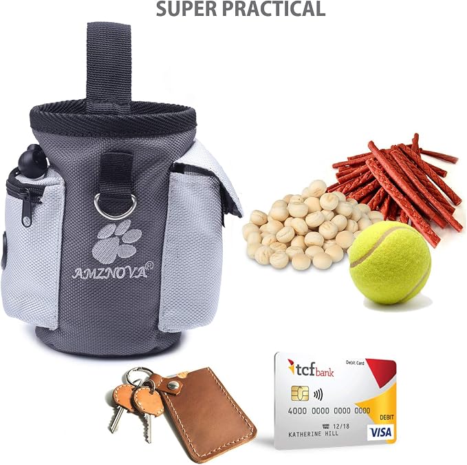 AMZNOVA Dog Treat Pouch Treatnow Dog Treat Bag, 3 Cups, Grey | Training Pouch with Waist Belt & Clicker for Training & Walking, Waist Clip On Snack Fanny Pack for Pet