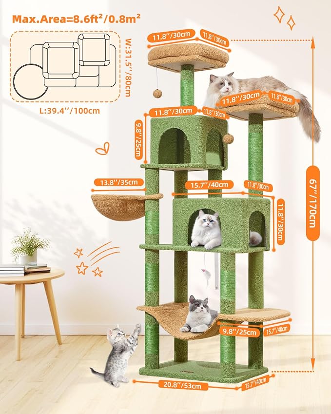 Taoqimiao Cactus Cat Tree, 67 in Tall Cat Tower with 2 Plush Cat Condos | 7 Scratching Posts, 2 Top Perches, Cozy Hammock & Basket, Indoor Cats, 2 Pompoms & Mouse Toy, MS013T