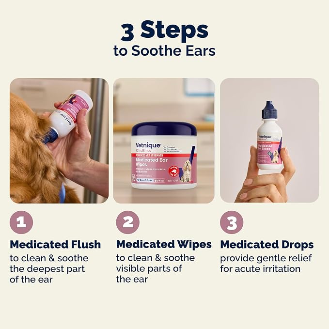 Vetnique Oticbliss Medicated Dog Ear Wipes, Yeast & Ear Infection Treatment | Antiseptic, Antibacterial & Antifungal Hydrocortisone & Miconazole Wipes for Itchy, Yeasty Dog & Cat Ears, Non-Stinging