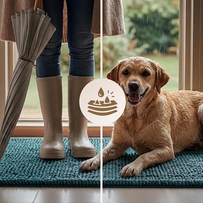 EHEYCIGA Super Absorbent Dog Door Mat for Muddy Paws 24x16 Inch Indoor, Front Doormat Outside Entrance, Quick Dry Chenille Washable Dog Crate Bed, Non-Slip Pet Rug Mud Mat Outdoor Entryway, Green