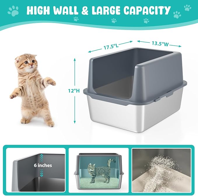 Litter Box with Lid, Stainless Steel Cat Litter Box, 12" Small Metal Litter Box for Kittens, Grey