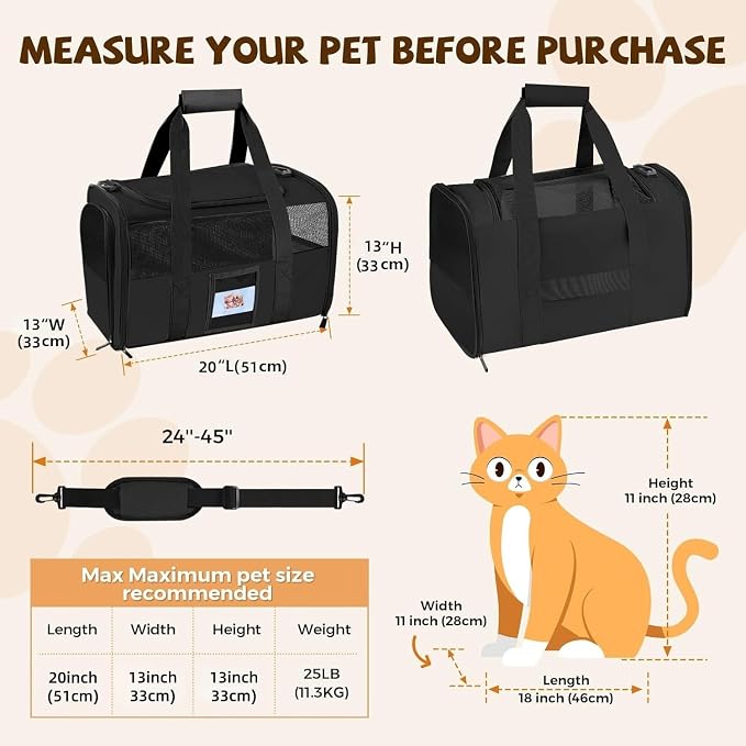 Soft Cat Carrier for Pets Up to 25 lbs, Cat Pet Travel Bag with Padded Shoulder Strap and Detachable Cat Food Bowl, Pet Dog Carriers for Small Dogs and Puppies, Travel Carry, Black