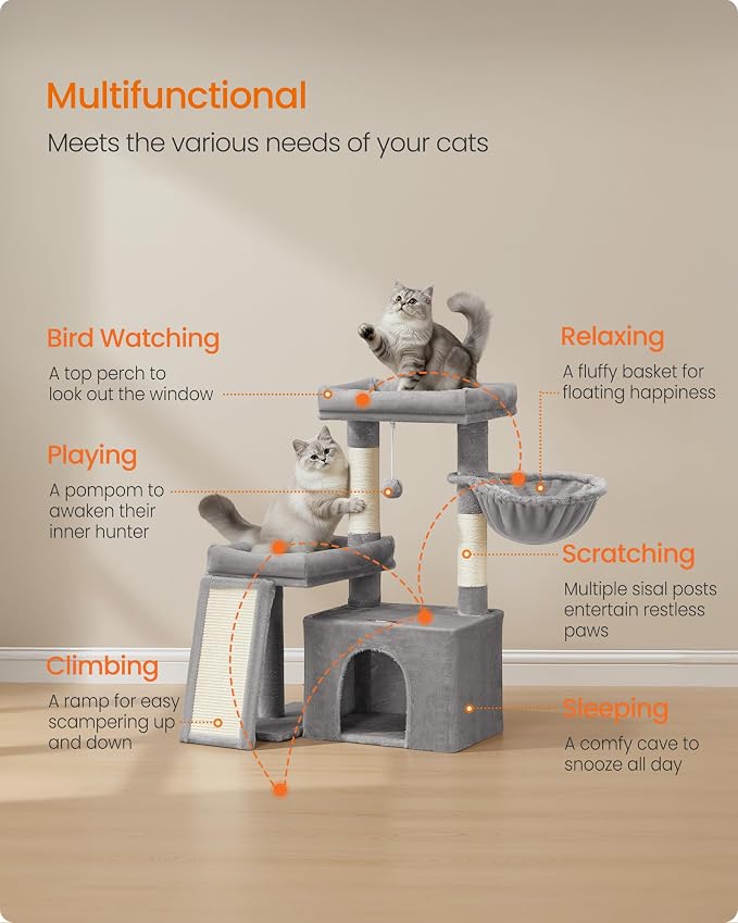 Feandrea Cat Tree, Cat Tower Condo with Scratching Posts and Ramp, 2 Large Perches, Cave, Basket, 33.8 Inches Tall, Dove Gray UPCT013GD02S